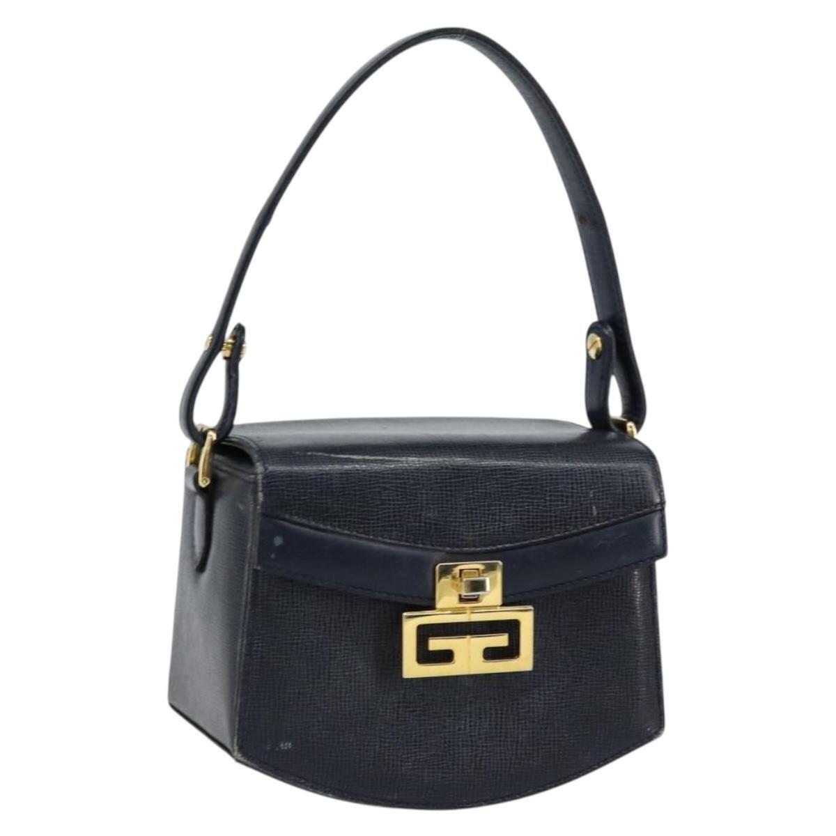 Givenchy Hand Bag Leather Navy Gold Auth Sw1855